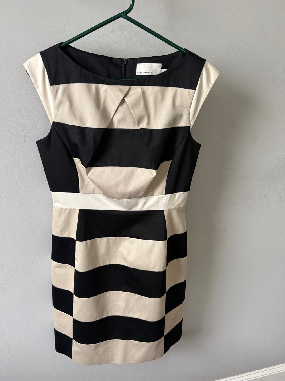 Karen Millen Black and Cream Striped Sheath Dress with Cap Sleeves